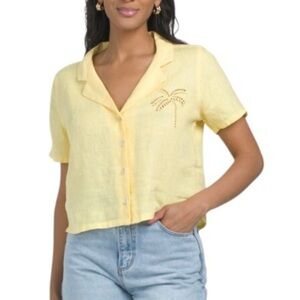 Calypso St. Barth Women’s Linen Embroidered Palm Camp Shirt Yellow Cropped Large